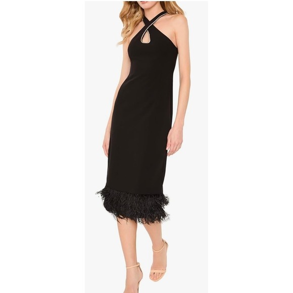 Likely Dresses & Skirts - LIKELY Hadley Dress Black Halter Rhinestone Keyhole‎ Ostrich Feather Hem Midi 0